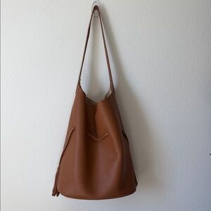 Free People Brown Leather Tassle Side Cinched Shoulder Boho Bag